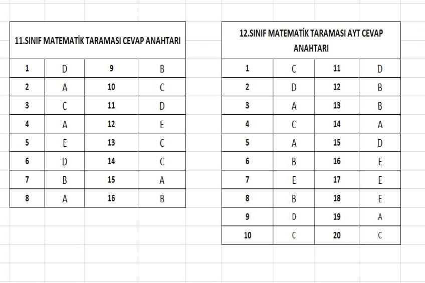 11 ve 12.Sınıflar Matematik Taraması Cevap Anahtarı